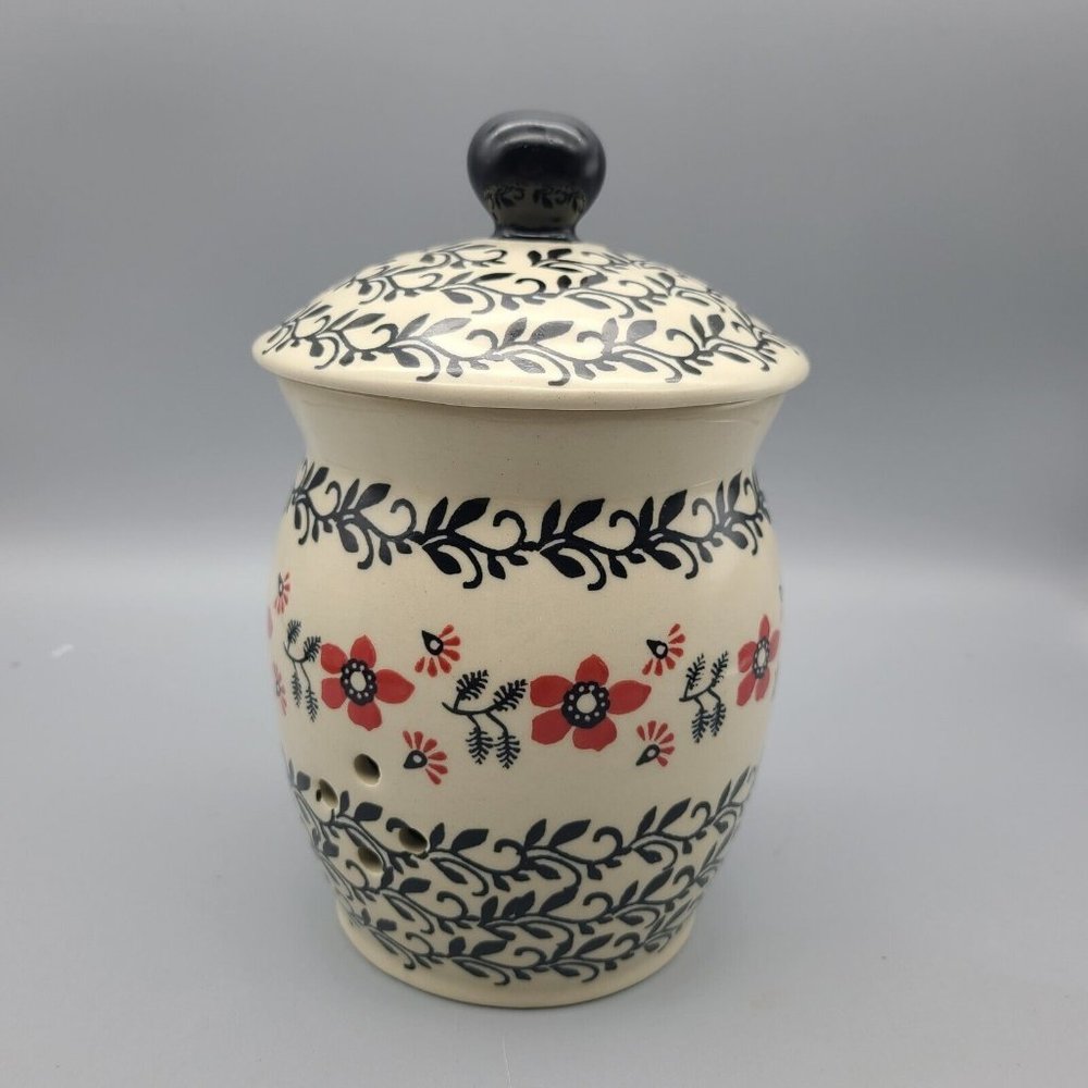 Polish Pottery Garlic and Onion Jar with lid 7" black red floral new